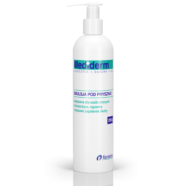 Zdjęcie przedstawia wyrób medyczny Mediderm Shower emulsja pod prysznic.