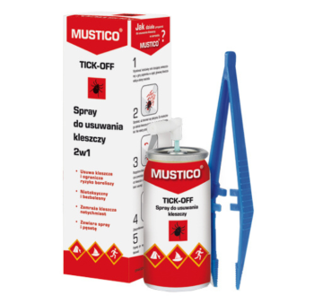 Zdjęcie przedstawia produkt Mustico Tick-Off, spray do usuwania kleszczy.