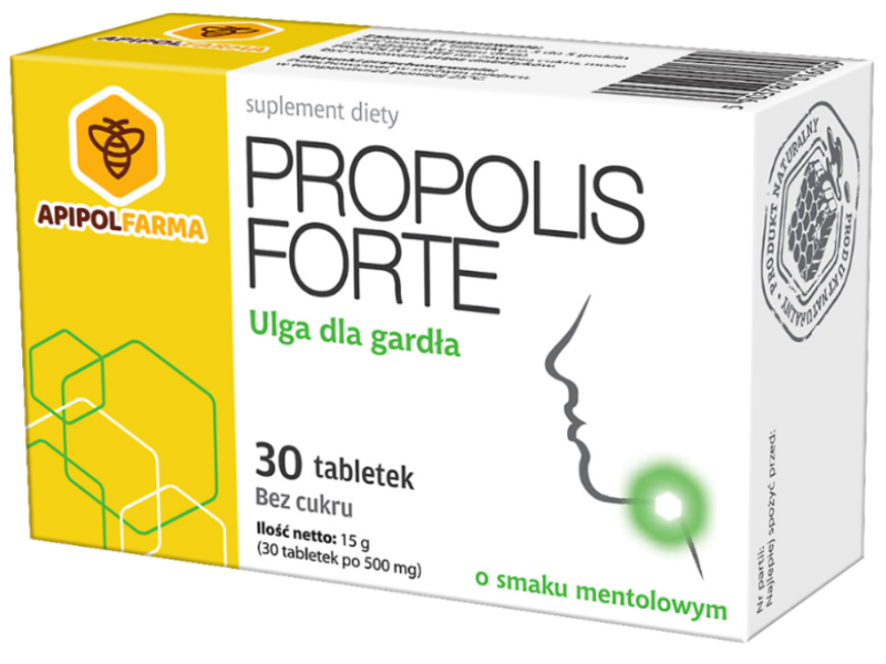 Zdjęcie przedstawia suplement diety Propolis Forte o smaku mentolowym.