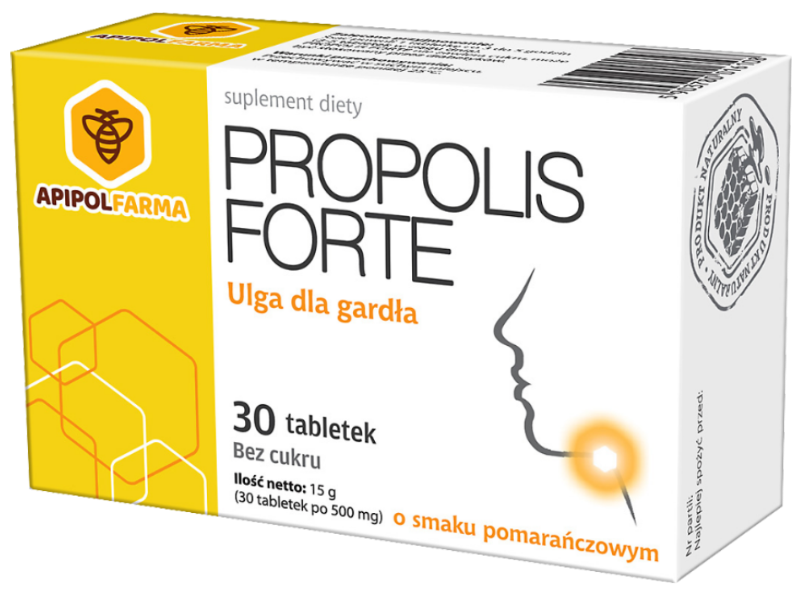 Zdjęcie przedstawia suplement diety Propolis Forte o smaku pomarańczowym.