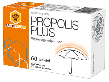 Zdjęcie przedstawia suplement diety Propolis Plus tabletki.