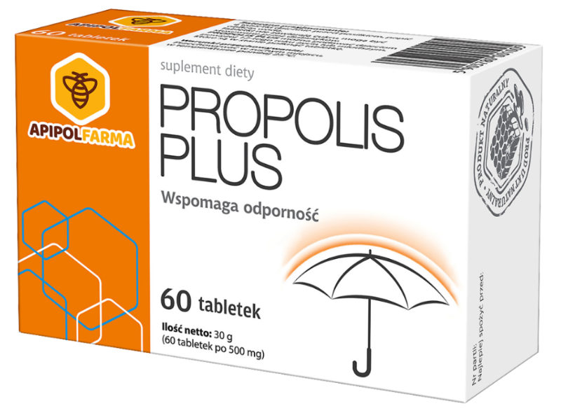 Zdjęcie przedstawia suplement diety Propolis Plus tabletki.