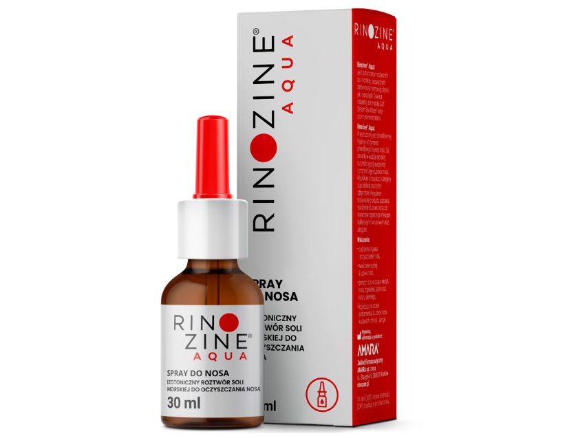Zdjęcie przedstawia produkt Rinozine Aqua, spray do nosa.
