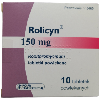 Opakowanie leku Rolicyn w tabletkach powlekanych o dawce 150 mg.
