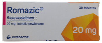 Opakowanie leku Romazic w tabletkach powlekanych o dawce 20 mg.