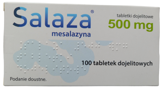 Opakowanie leku Salaza w tabletkach dojelitowych o dawce 500 mg.