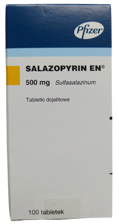 Opakowanie leku Salazopyrin EN w tabletkach dojelitowych o dawce 500 mg.