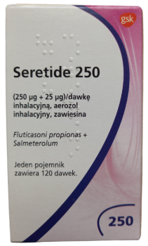 Opakowanie leku Seretide 250 - aerozol inhalacyjny o dawce 250 µg + 25 µg.