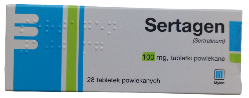 Opakowanie leku Sertagen w tabletkach powlekanych o dawce 100 mg.