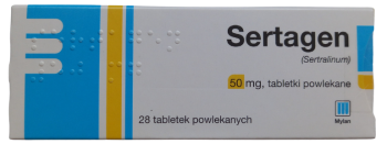 Opakowanie leku Sertagen w tabletkach powlekanych o dawce 50 mg.