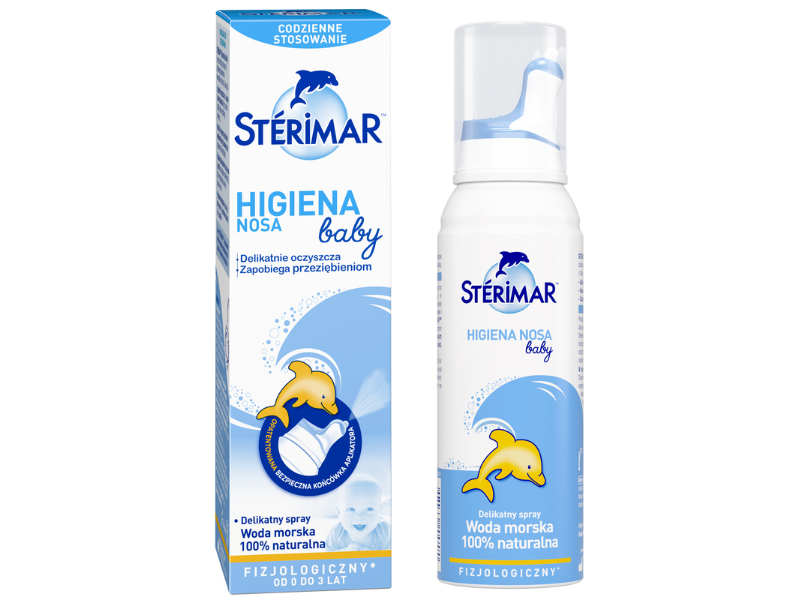 Zdjęcie przedstawia wyrób medyczny Sterimar Higiena Nosa Baby, aerozol do nosa.