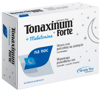Zdjęcie przedstawia produkt Tonaxinum Forte + Melatonina, tabletki.