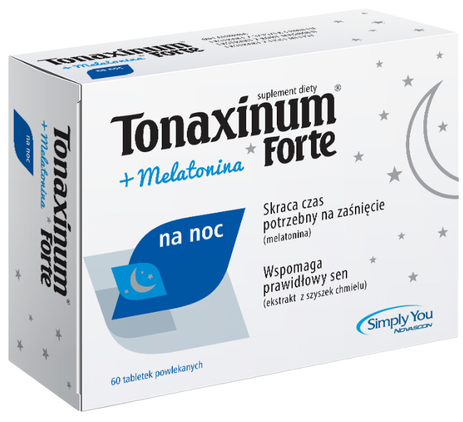 Zdjęcie przedstawia produkt Tonaxinum Forte + Melatonina, tabletki.