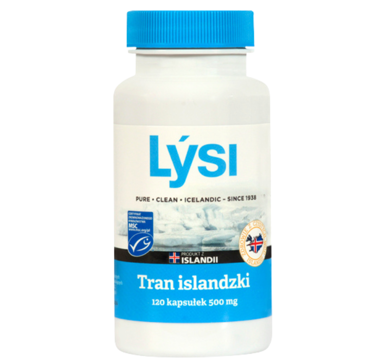 Zdjęcie przedstawia produkt Tran islandzki Lýsi, kapsułki, 500 mg.