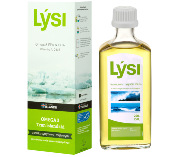 Zdjęcie przedstawia produkt Tran islandzki Lýsi miętowo-cytrynowy, płyn doustny.