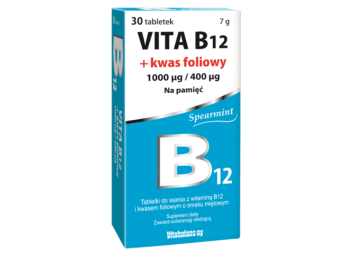 Zdjęcie przedstawia produkt Vita B12 + kwas foliowy, tabletki do ssania.
