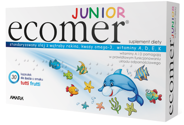 Zdjęcie przedstawia preparat ecomer JUNIOR, kapsułki do żucia.