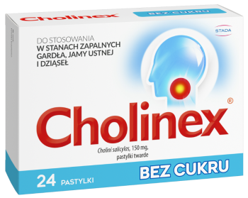 Zdjęcie przedstawia pastylki do ssania Cholinex Bez Cukru.