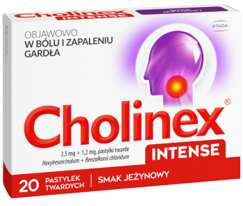 Zdjęcie przedstawia pastylki do ssania Cholinex Intense Jeżynowe.
