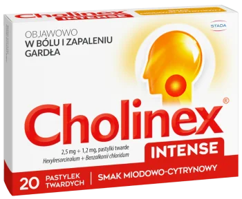Zdjęcie produktu Cholinex Intense, smak miód i cytryna, pastylki twarde, 2,5 mg + 1,2 mg