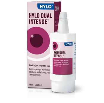 Zdjęcie przedstawia krople do oczu Hylo Dual Intense.