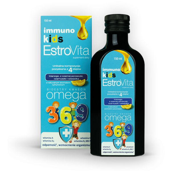 Zdjęcie przedstawia suplement diety EstroVita Immuno Kids, płyn doustny.