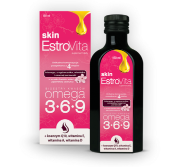 Zdjęcie przedstawia suplement diety EstroVita Skin Cherry Sakura, płyn doustny.