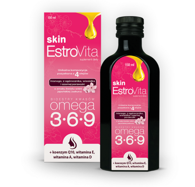 Zdjęcie przedstawia suplement diety EstroVita Skin Cherry Sakura, płyn doustny.