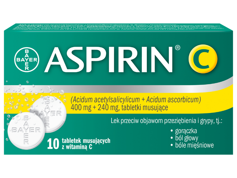 Zdjęcie przedstawia lek Aspirin C, tabletki musujące, 400 mg + 240 mg, 10 sztuk.