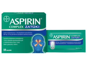 Zdjęcie przedstawia lek OTC Aspirin Complex Zatoki, 500 mg + 30 mg.