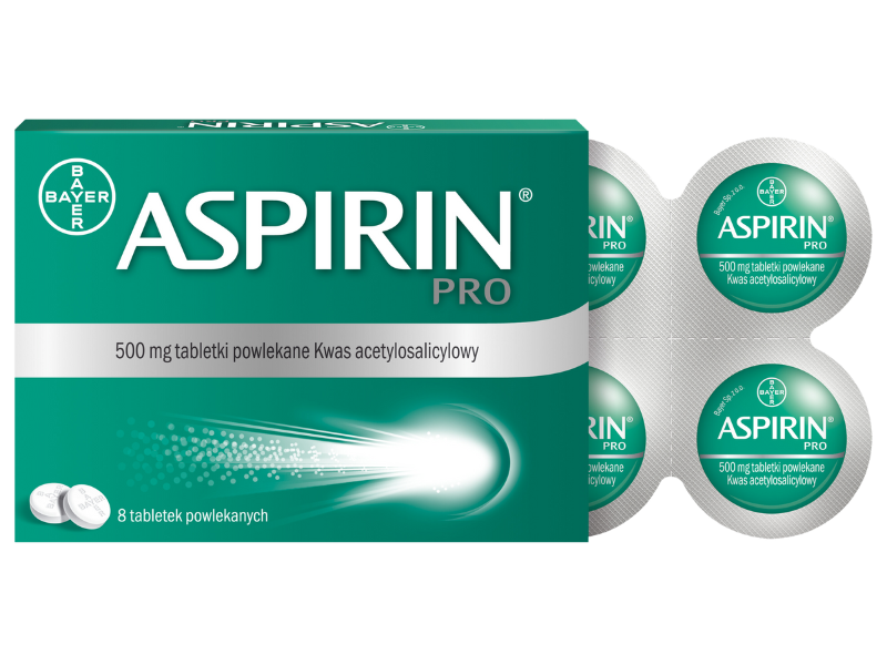 Zdjęcie przedstawia lek OTC Aspirin PRO, tabletki powlekane, 500 mg, 8 sztuk.