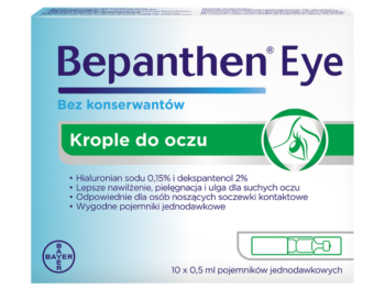 Zdjęcie przedstawia wyrób medyczny Bepanthen Eye, krople do oczu, 10 x 0,5 ml.