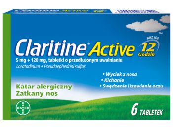 Zdjęcie przedstawia lek Claritine Active, tabletki, 5 mg + 120 mg.
