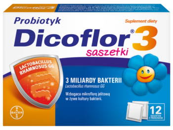 Zdjęcie przedstawia suplement diety Dicoflor 3, saszetki.