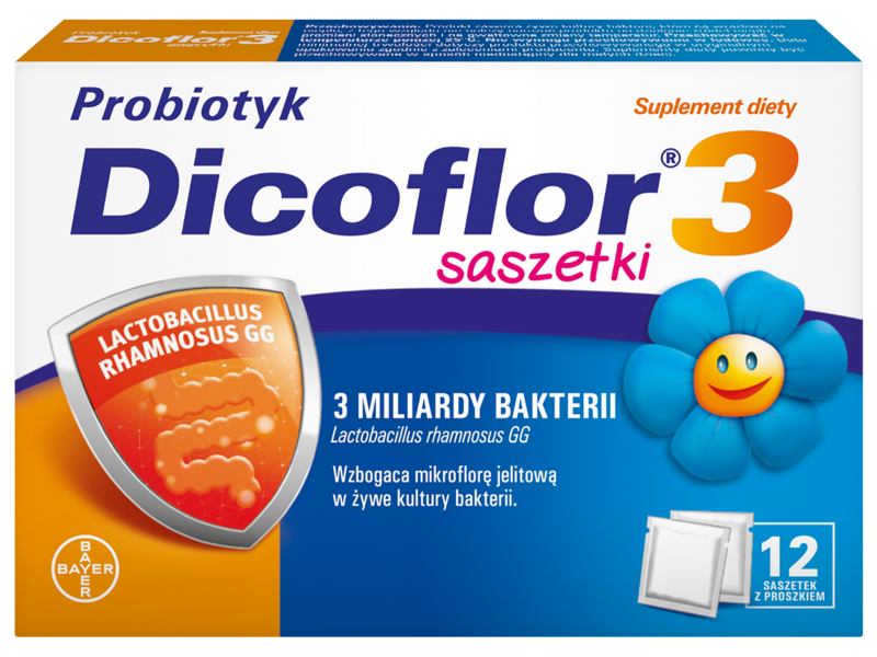 Zdjęcie przedstawia suplement diety Dicoflor 3, saszetki.