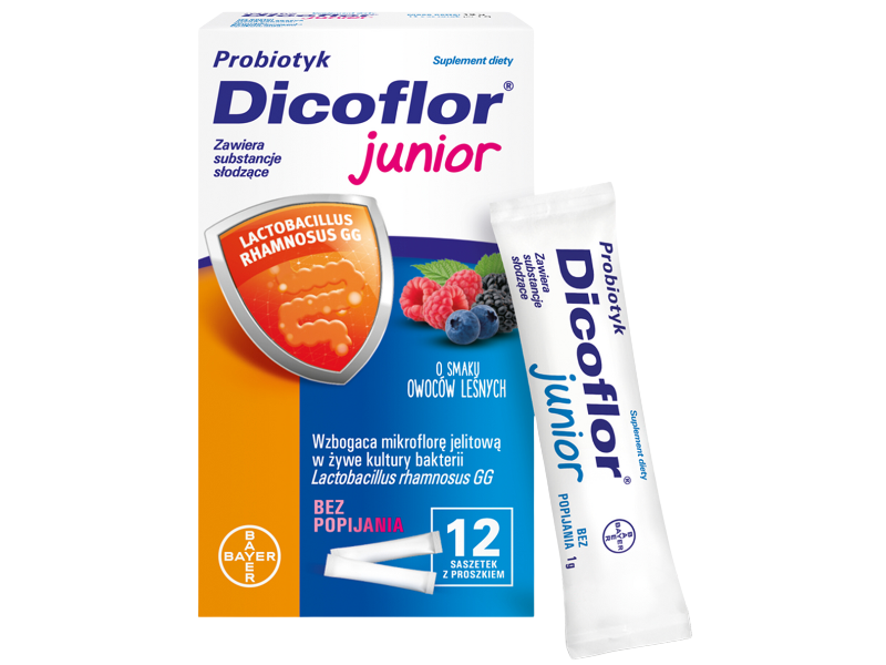 Zdjęcie przedstawia suplement diety Dicoflor Junior, saszetki.