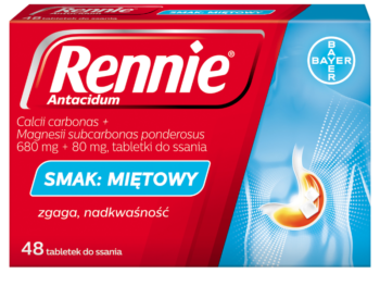 Zdjęcie przedstawia lek Rennie Antacidum, tabletki do ssania, 680 mg + 80 mg, 48 sztuki.