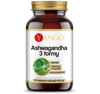 Zdjęcie przedstawia suplement diety Yango Ashwagandha 3 formy, kapsułki.