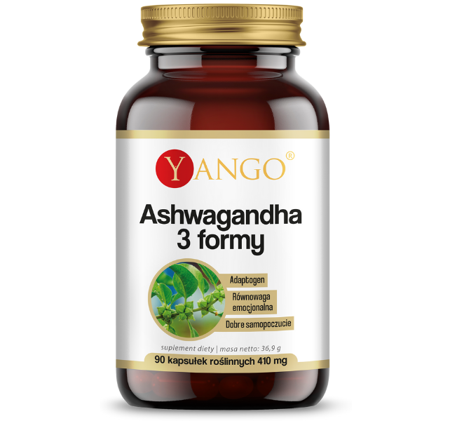 Zdjęcie przedstawia suplement diety Yango Ashwagandha 3 formy, kapsułki.