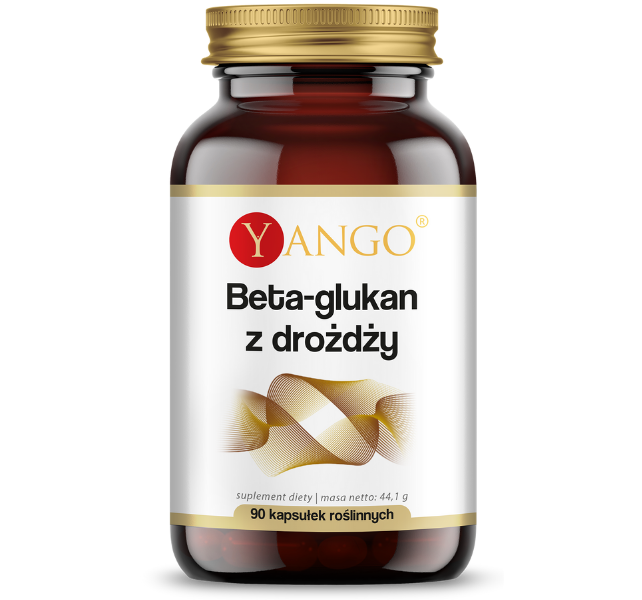 Zdjęcie przedstawia suplement diety Yango Beta-glukan z drożdży, kapsułki.
