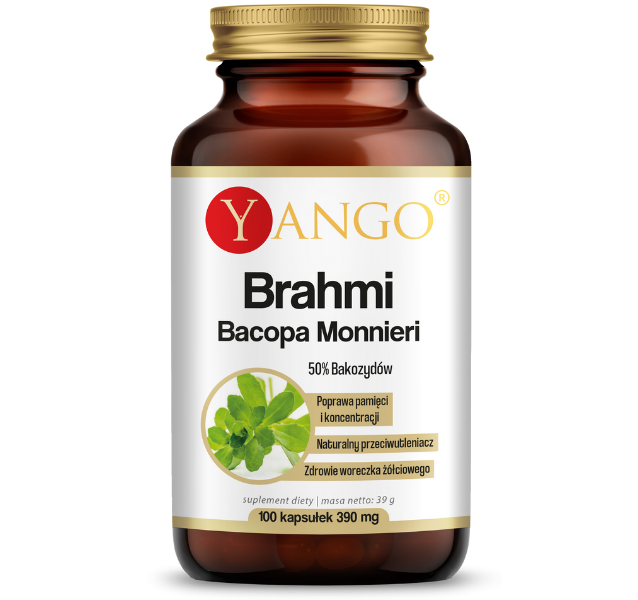 Zdjęcie przedstawia suplement diety Yango Brahmi bacopa, kapsułki.
