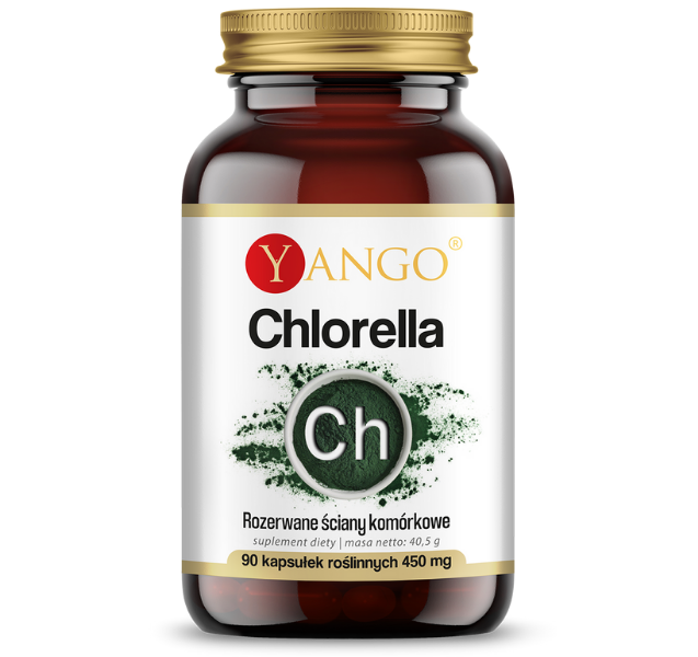 Zdjęcie przedstawia suplement diety Yango Chlorella, kapsułki.