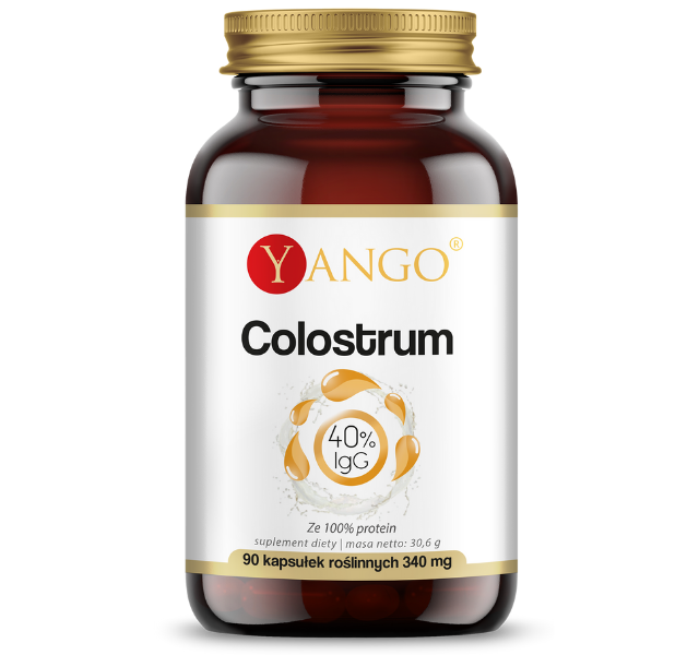 Zdjęcie przedstawia suplement diety Yango Colostrum, kapsułki.