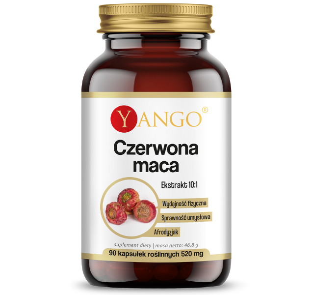 Zdjęcie przedstawia suplement diety Yango Czerwona Maca, kapsułki.