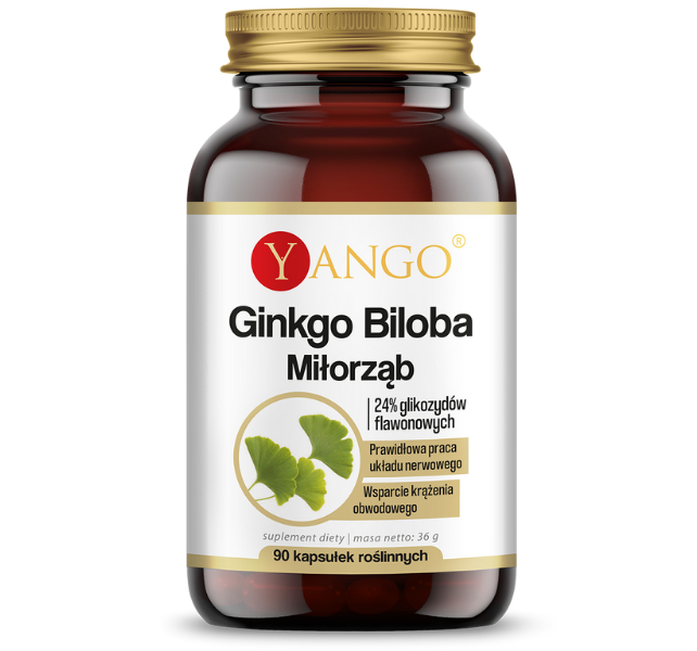 Zdjęcie przedstawia suplement diety Yango Ginkgo biloba, kapsułki.