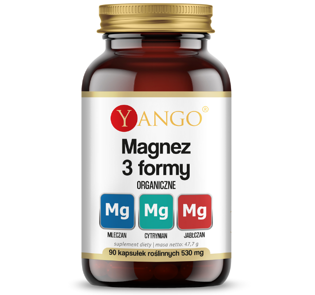 Zdjęcie przedstawia suplement diety Yango Magnez 3 formy, kapsułki.