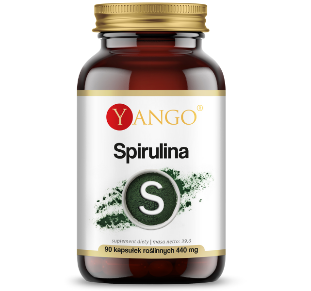 Zdjęcie przedstawia suplement diety Yango Spirulina, kapsułki.