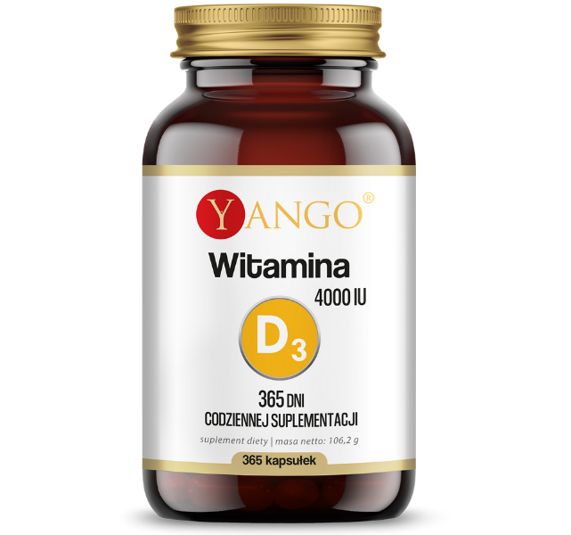 Zdjęcie przedstawia suplement diety Yango Witamina D 365 dni, kapsułki.