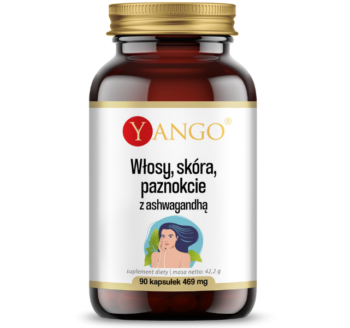 Zdjęcie przedstawia suplement diety Yango Włosy Skóra Paznokcie – ashwagandha, kapsułki.