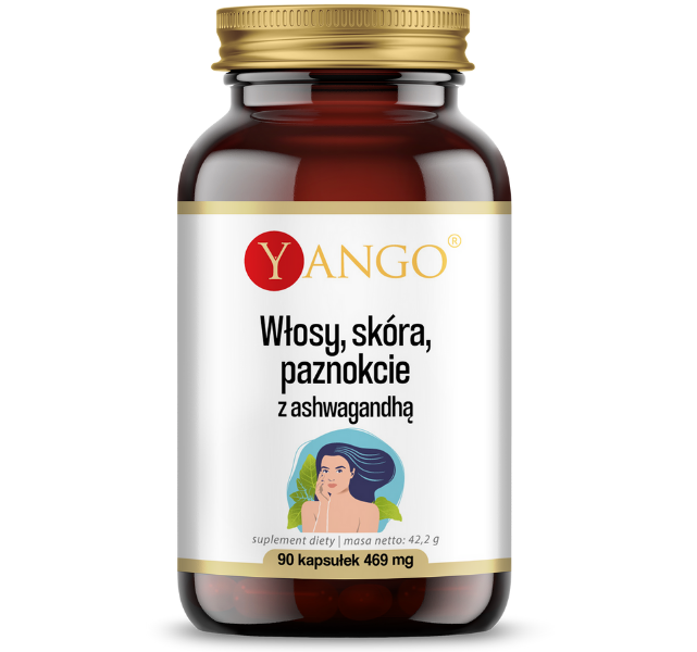 Zdjęcie przedstawia suplement diety Yango Włosy Skóra Paznokcie – ashwagandha, kapsułki.